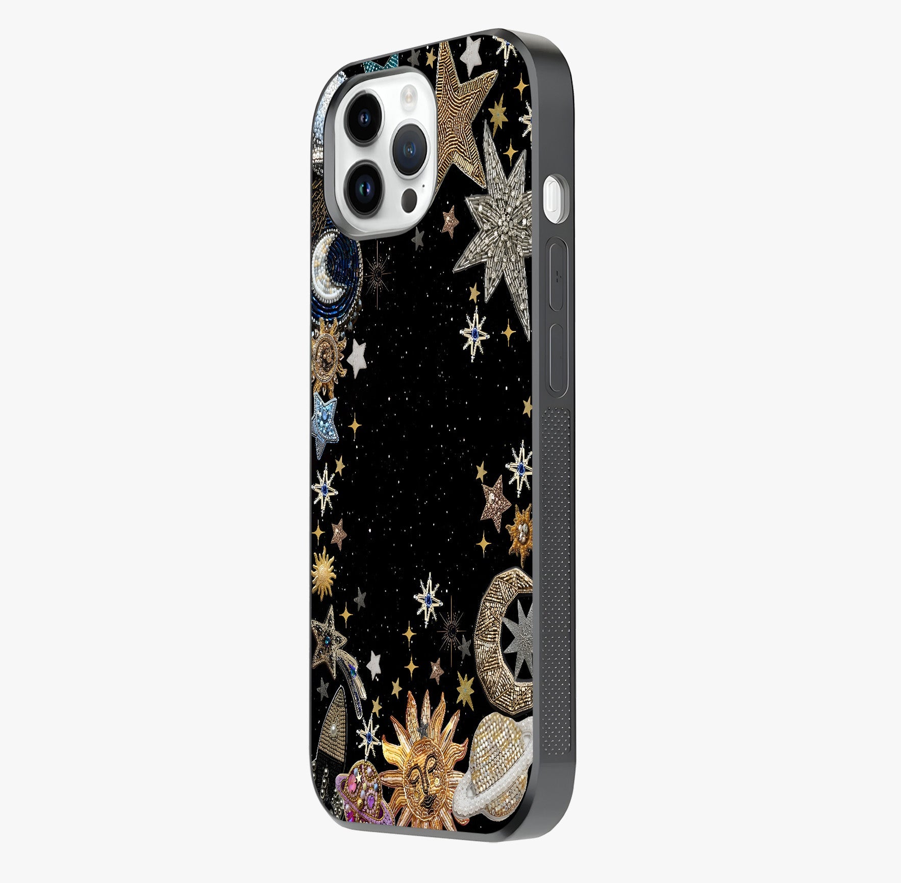 Galactic Jewel Stars Glass Case photographed in natural light showing reflective finish and design depth.