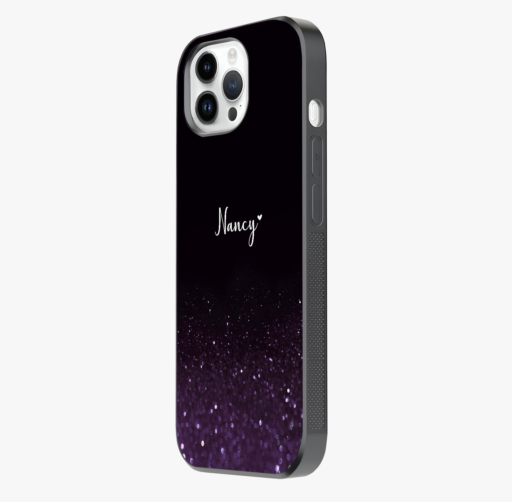 Glittery Purple Bokeh Custom Name Glass Case photographed in natural light showing reflective finish and design depth.