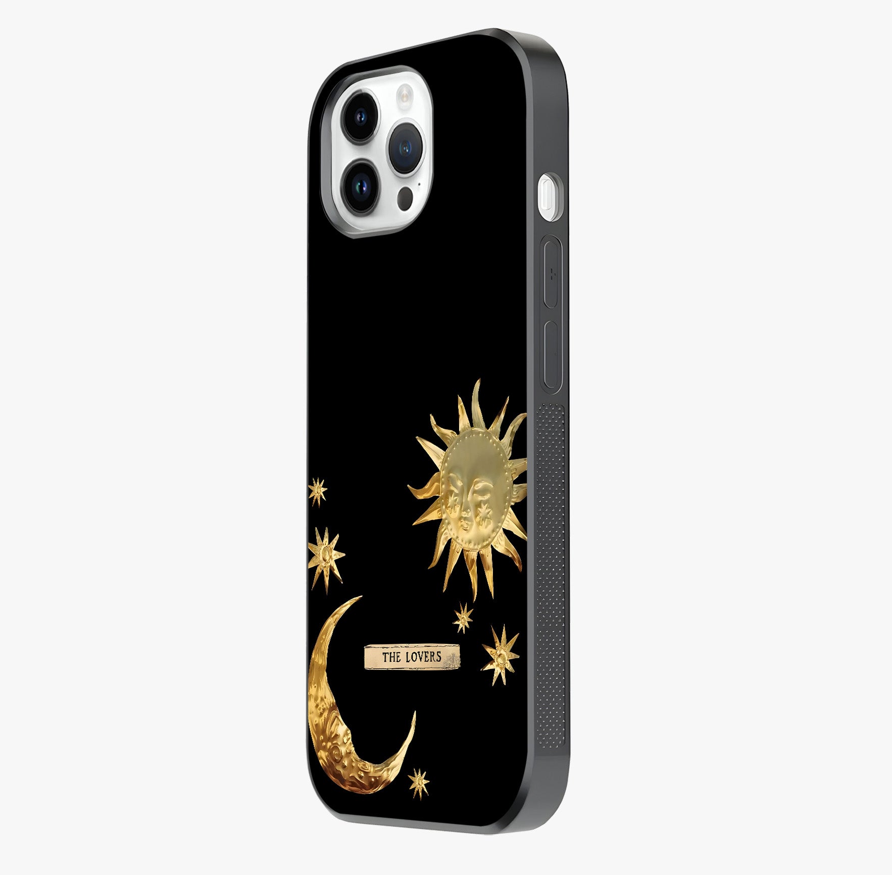 Golden Celestial Charm Glass Case photographed in natural light showing reflective finish and design depth.