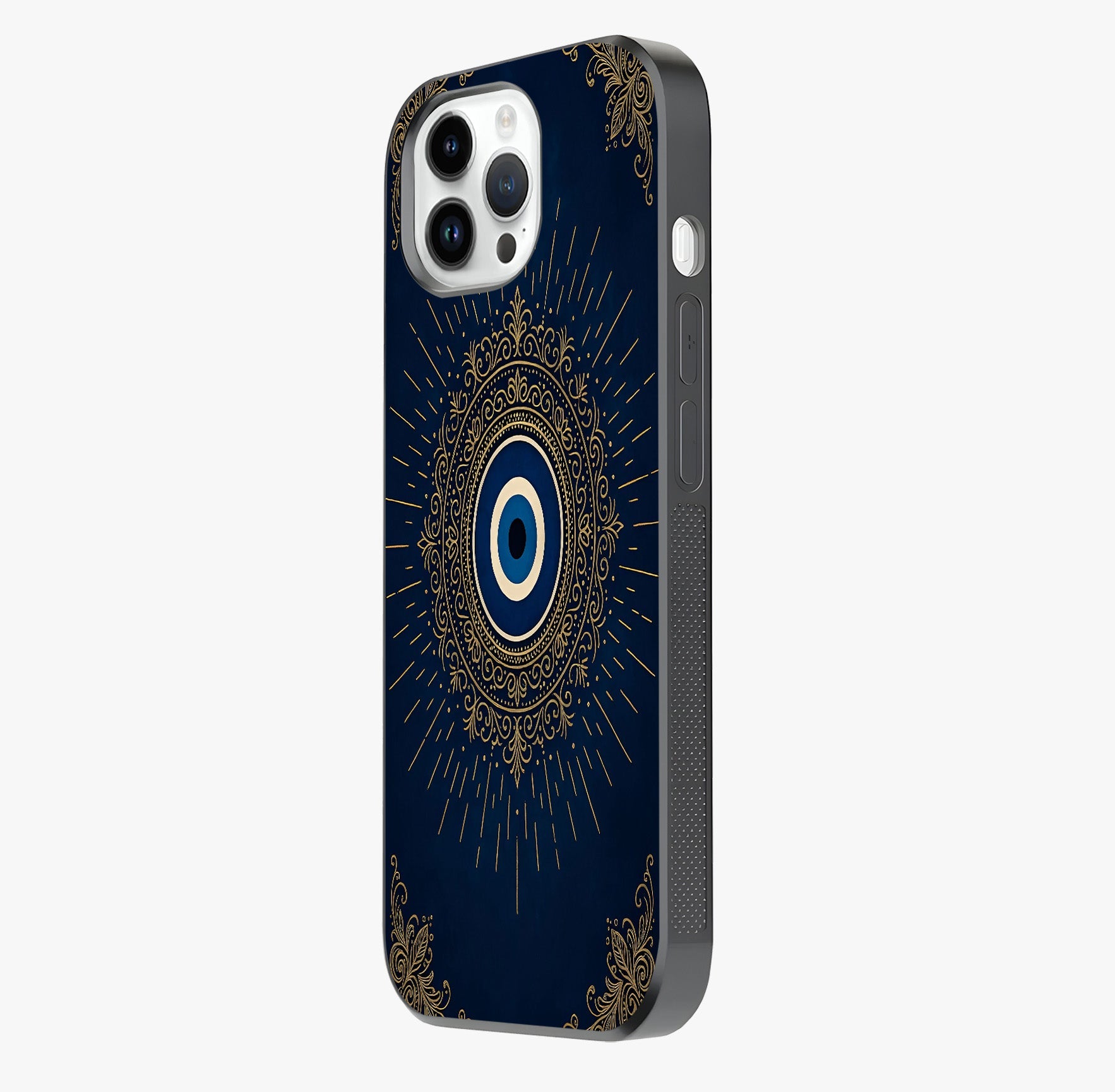 Golden Evil Eye Mandala Glass Case photographed in natural light showing reflective finish and design depth.