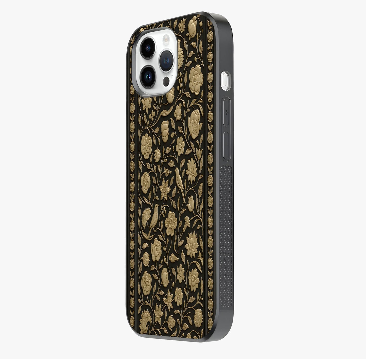 Golden Floral Majesty Glass Case photographed in natural light showing reflective finish and design depth.