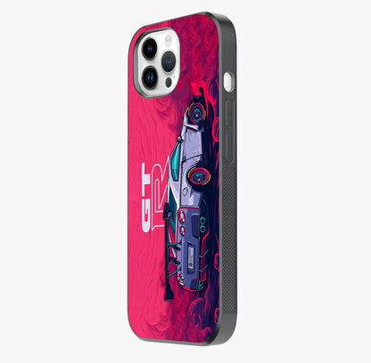 GT R Car Pattern Glass Case photographed in natural light showing reflective finish and design depth.