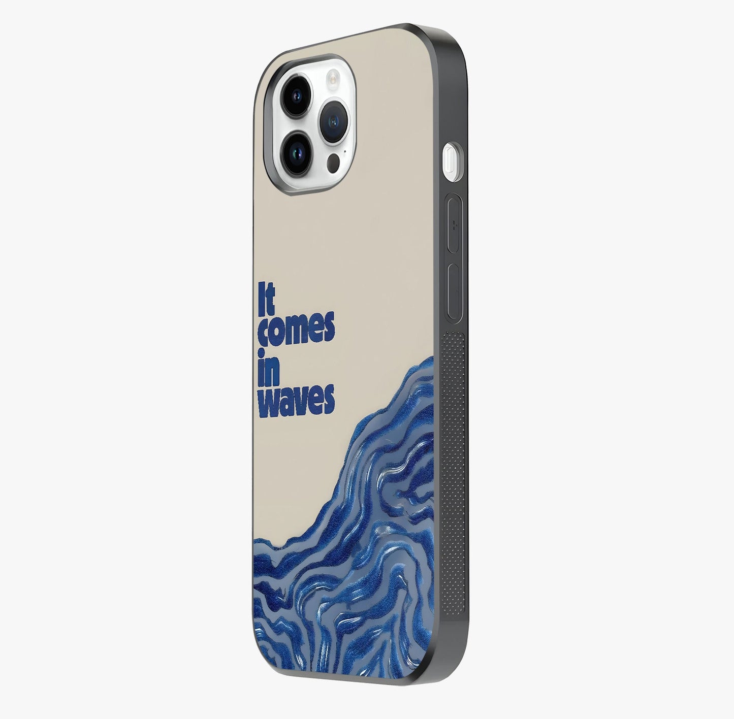 It Comes In Waves Quote Glass Case photographed in natural light showing reflective finish and design depth.