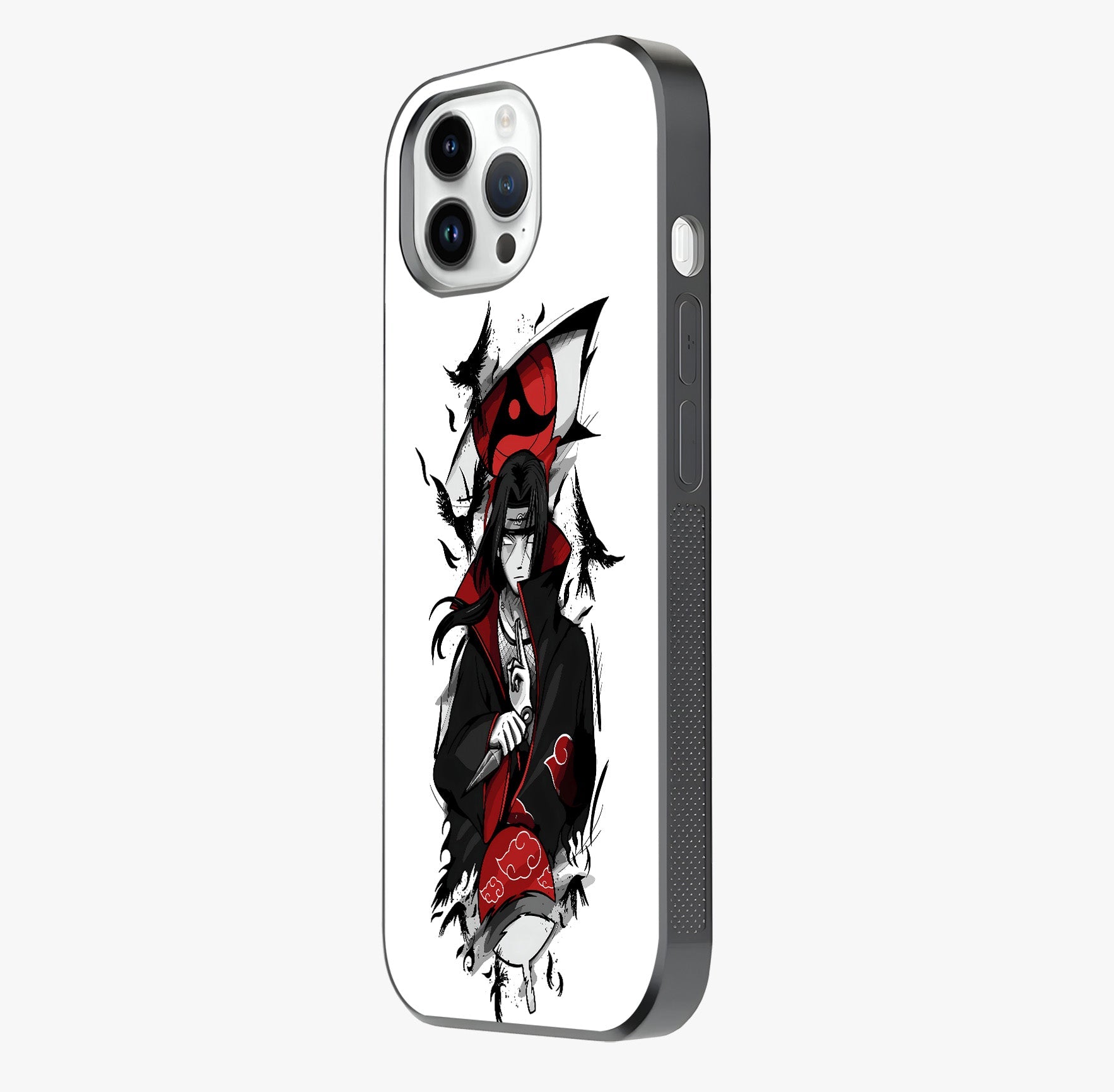 Itachi Sharingan Glass Case photographed in natural light showing reflective finish and design depth.