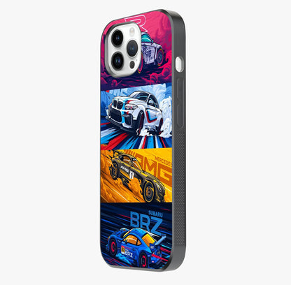 Jdm Sports Car Glass Case photographed in natural light showing reflective finish and design depth.