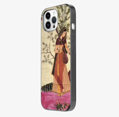 Lady With Veena Art Glass Case photographed in natural light showing reflective finish and design depth.