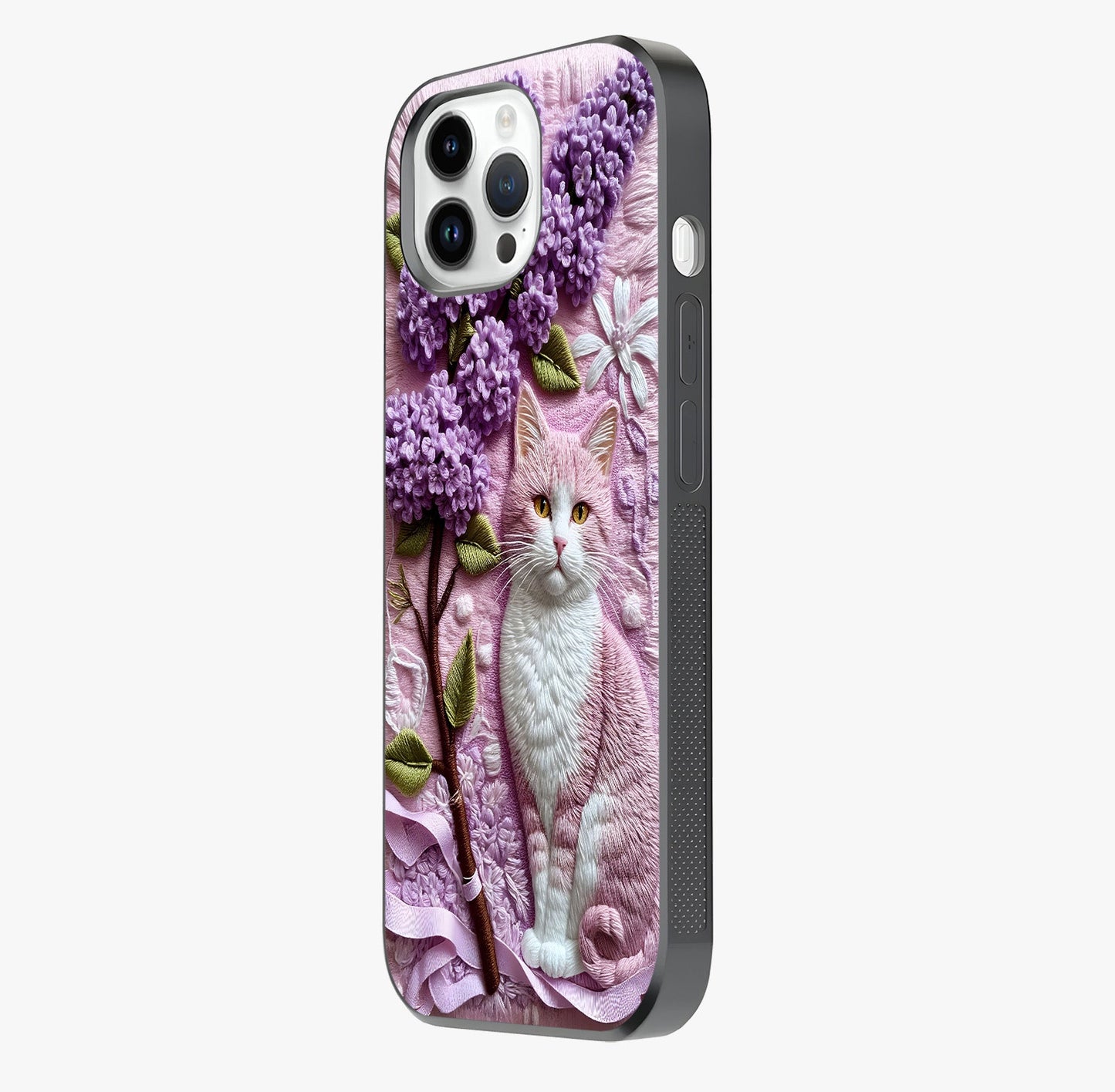 Lavender Cat Whimsy Glass Case photographed in natural light showing reflective finish and design depth.