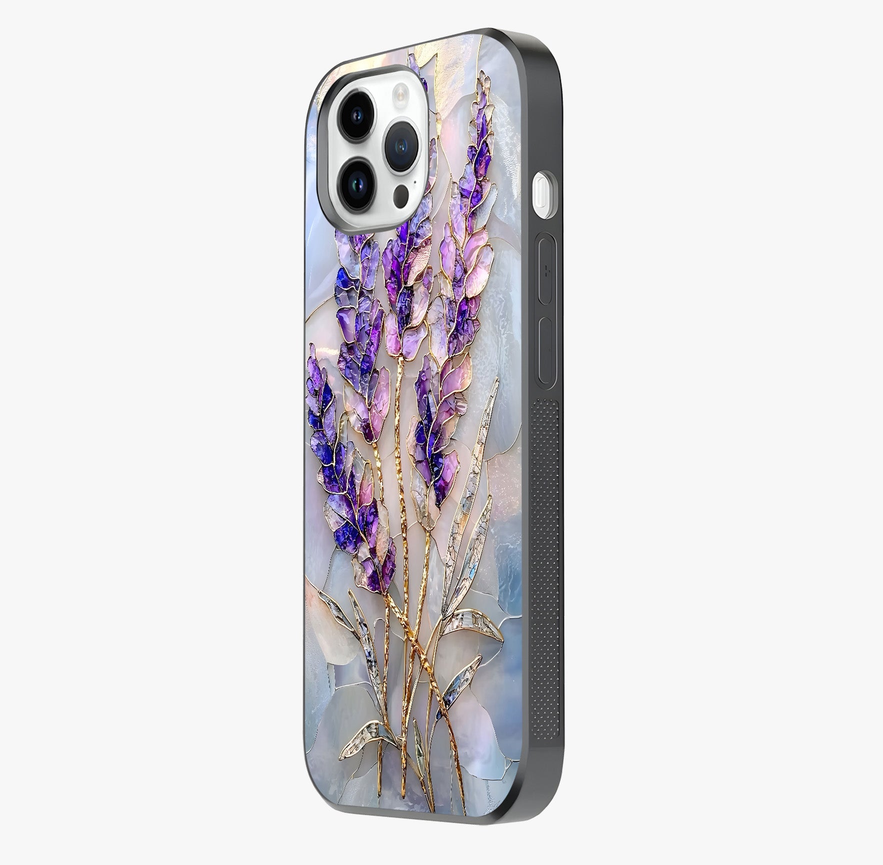 Lavender Dream Glow Glass Case photographed in natural light showing reflective finish and design depth.