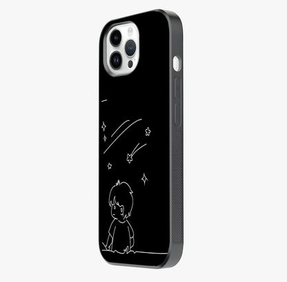 Line Art Boy With Shooting Stars Glass Case photographed in natural light showing reflective finish and design depth.