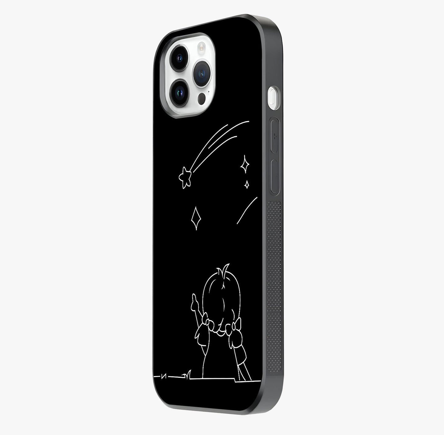 Line Art Girl With Shooting Stars Glass Case photographed in natural light showing reflective finish and design depth.
