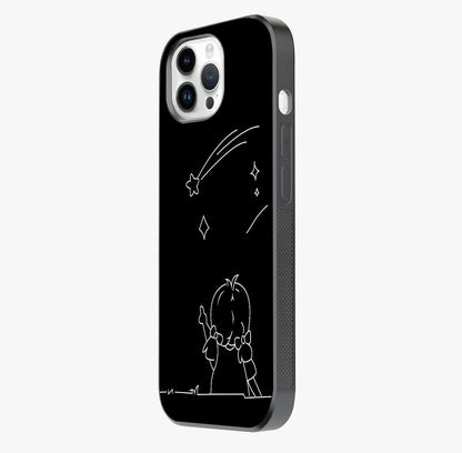 Line Art Girl With Shooting Stars Glass Case photographed in natural light showing reflective finish and design depth.