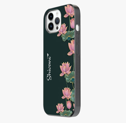 Lotus Bloom Serenity Custom Name Glass Case photographed in natural light showing reflective finish and design depth.