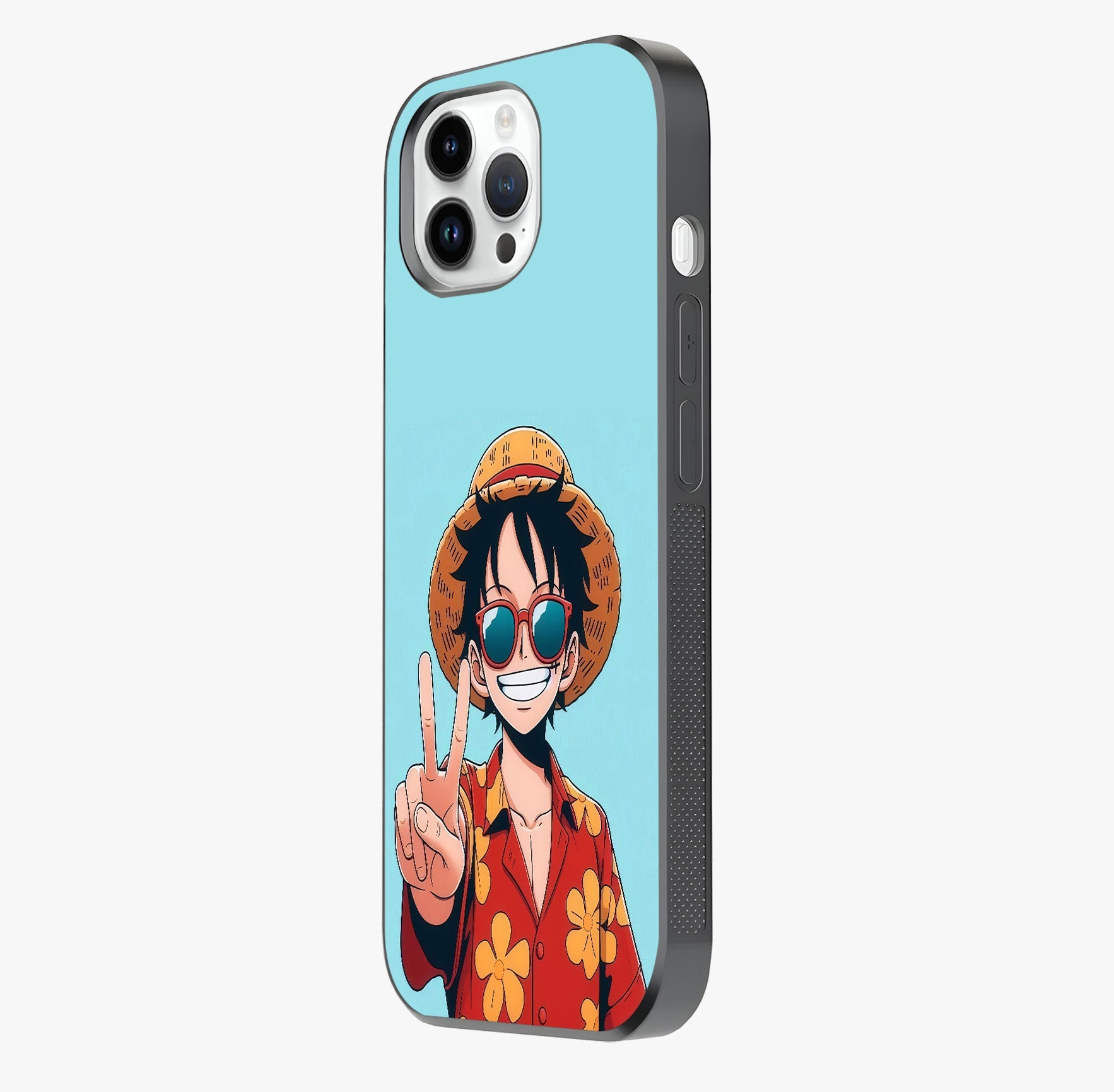 Luffy Summer Anime Vibe Glass Case photographed in natural light showing reflective finish and design depth.
