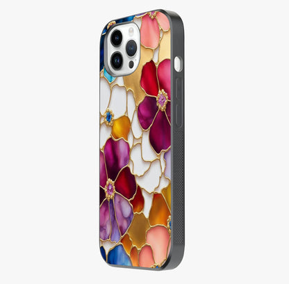 Marble Flower Pattern Glass Case photographed in natural light showing reflective finish and design depth.