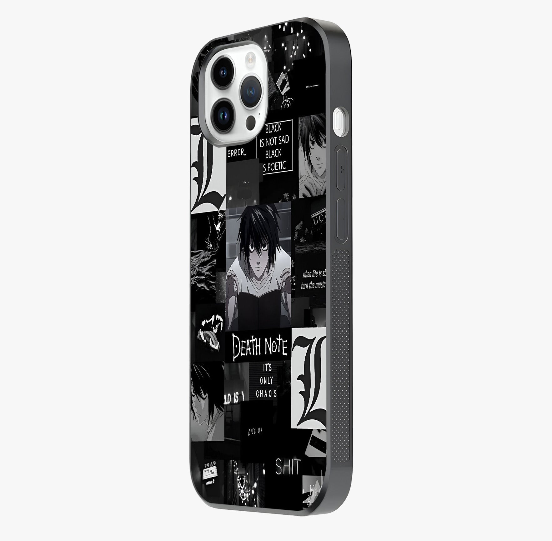 Midnight Chaos Mind Glass Case photographed in natural light showing reflective finish and design depth.