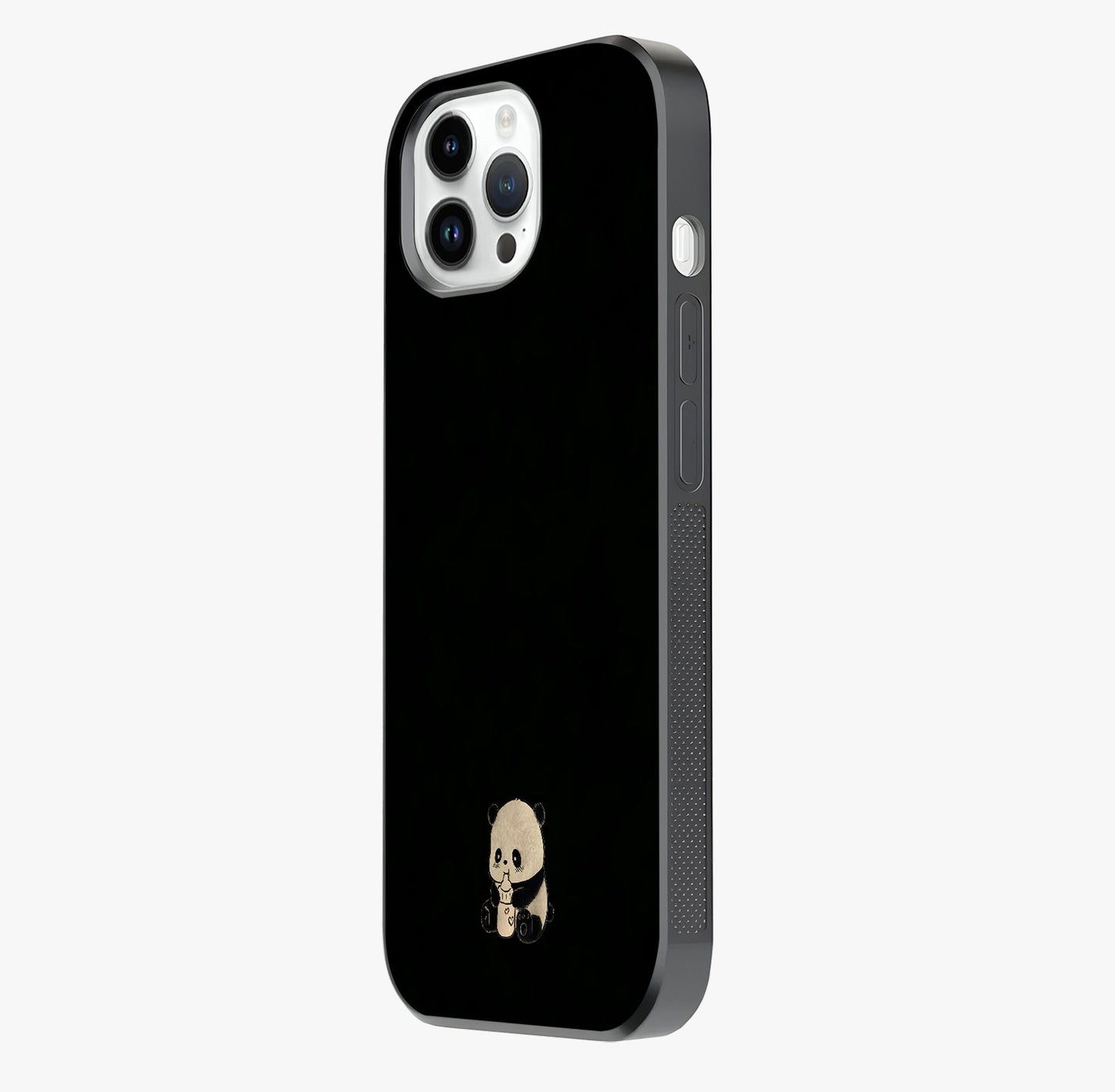 Midnight Panda Love Glass Case photographed in natural light showing reflective finish and design depth.