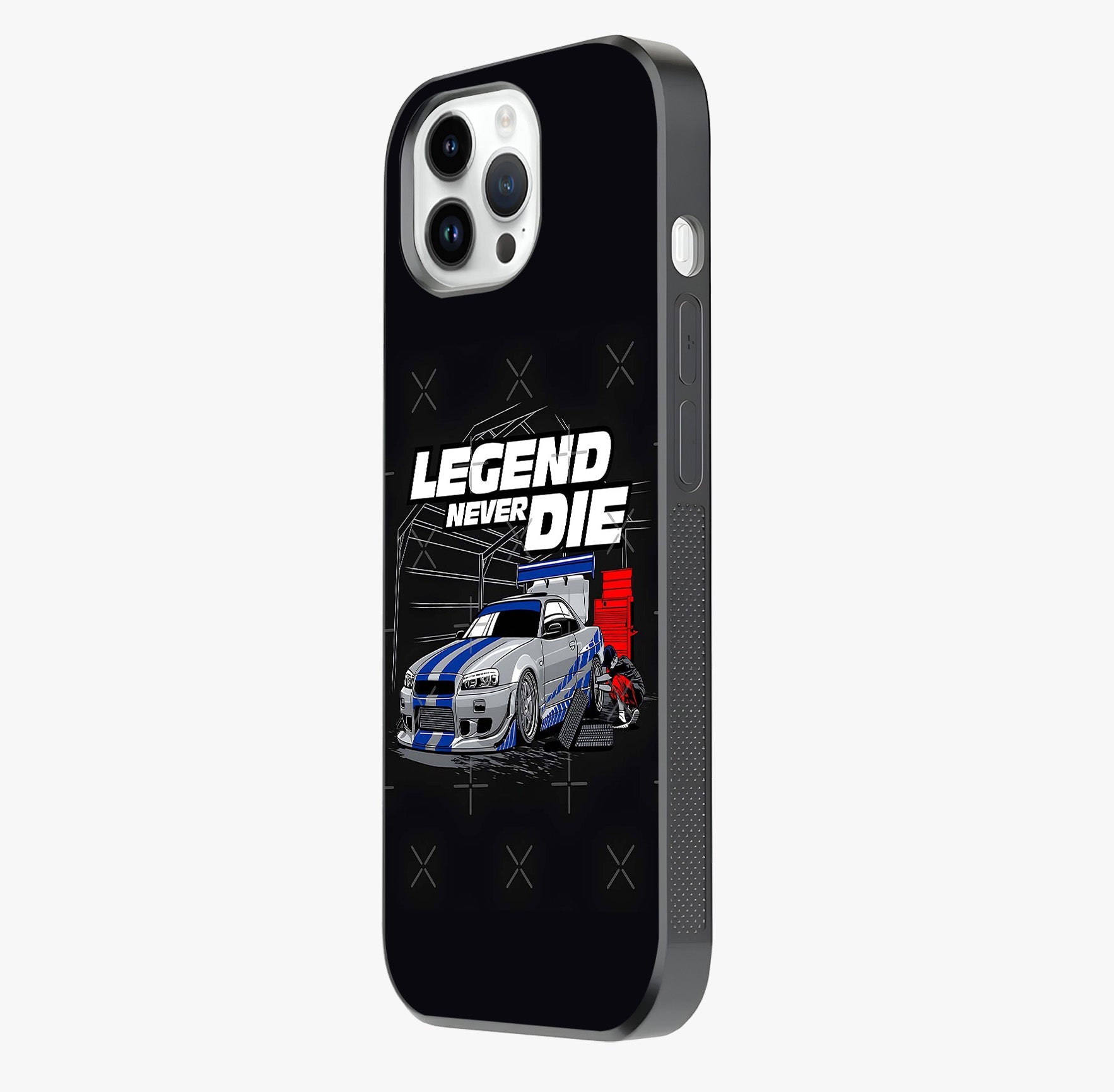 Midnight Racing Legacy Glass Case photographed in natural light showing reflective finish and design depth.
