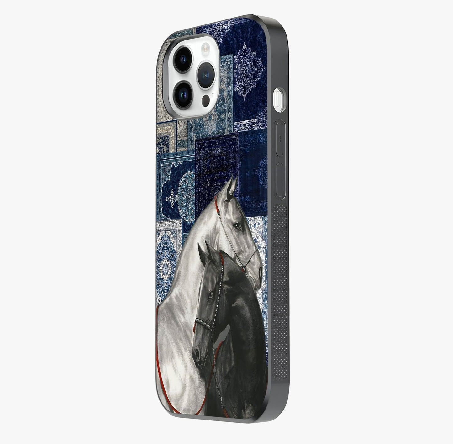 Midnight Stallion Blues Glass Case photographed in natural light showing reflective finish and design depth.