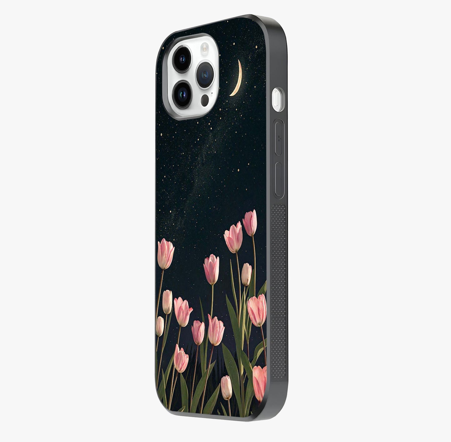 Midnight Tulip Whispers Vibe Glass Case photographed in natural light showing reflective finish and design depth.