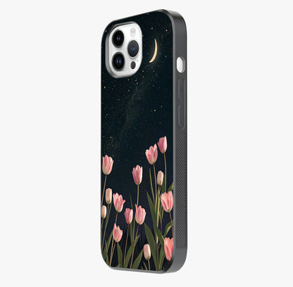 Midnight Tulip Whispers Vibe Glass Case photographed in natural light showing reflective finish and design depth.