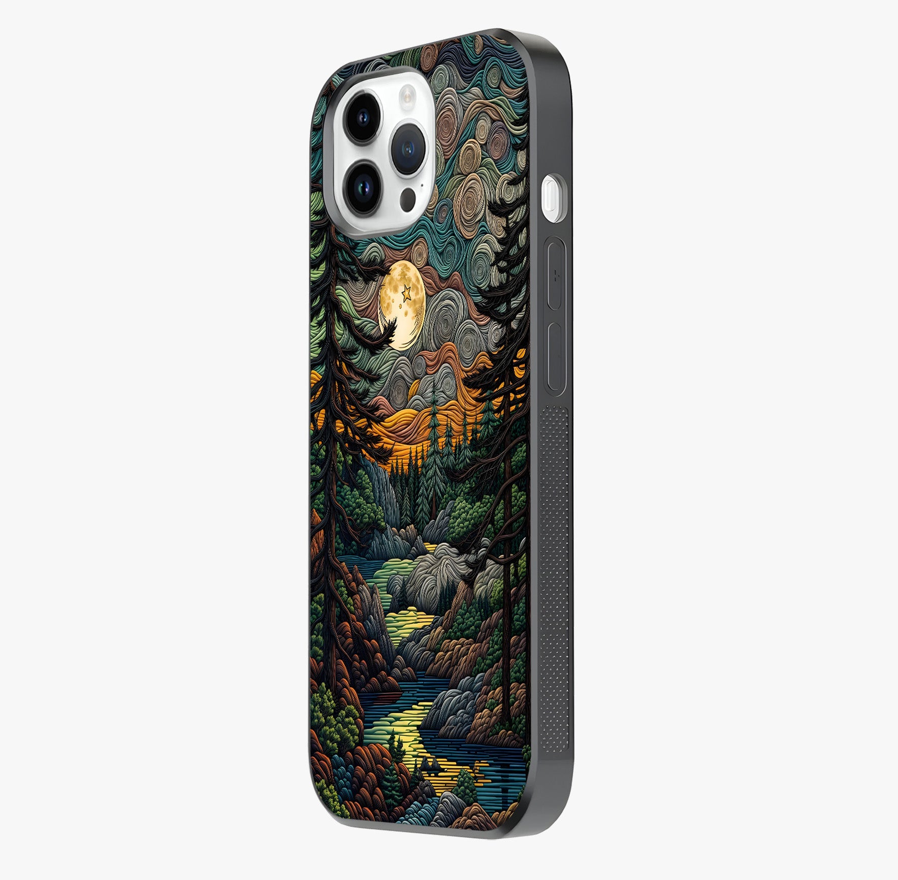Moonlight Forest Dream Glass Case photographed in natural light showing reflective finish and design depth.