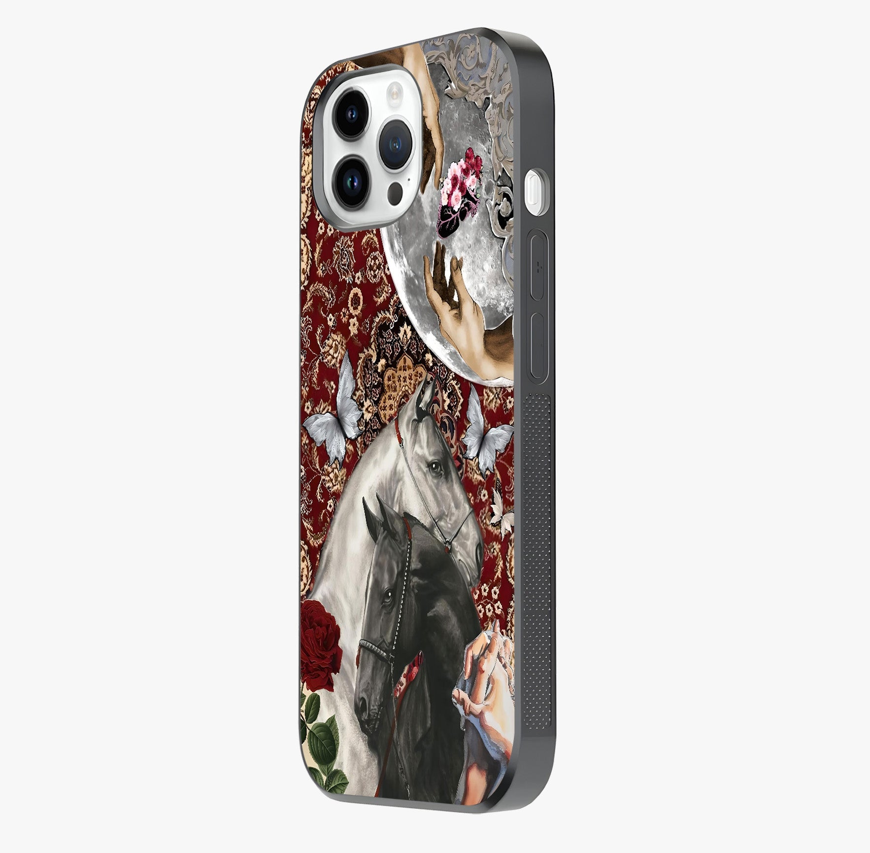 Moonlit Royal Stallion Glass Case photographed in natural light showing reflective finish and design depth.