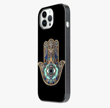 Mystic Hamsa Eye Glass Case photographed in natural light showing reflective finish and design depth.