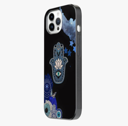 Mystic Hand Aura Glass Case photographed in natural light showing reflective finish and design depth.