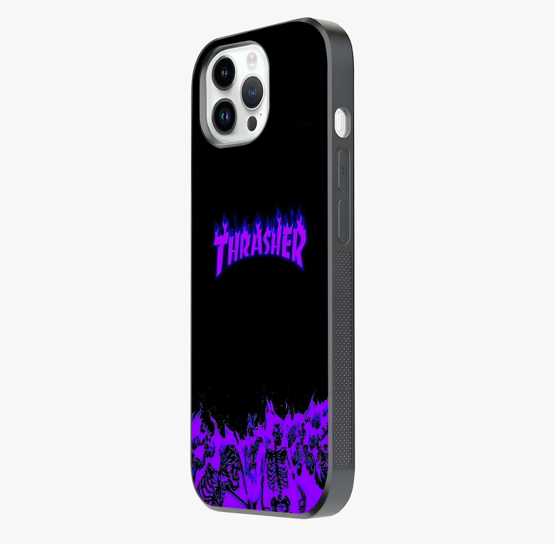 Neon Flame Riot Glass Case photographed in natural light showing reflective finish and design depth.