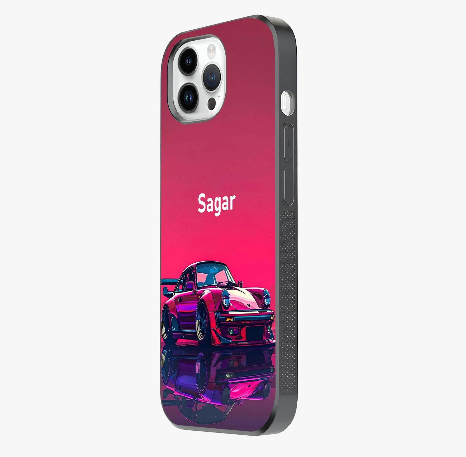 Neon Pink Porsche Glass Case photographed in natural light showing reflective finish and design depth.