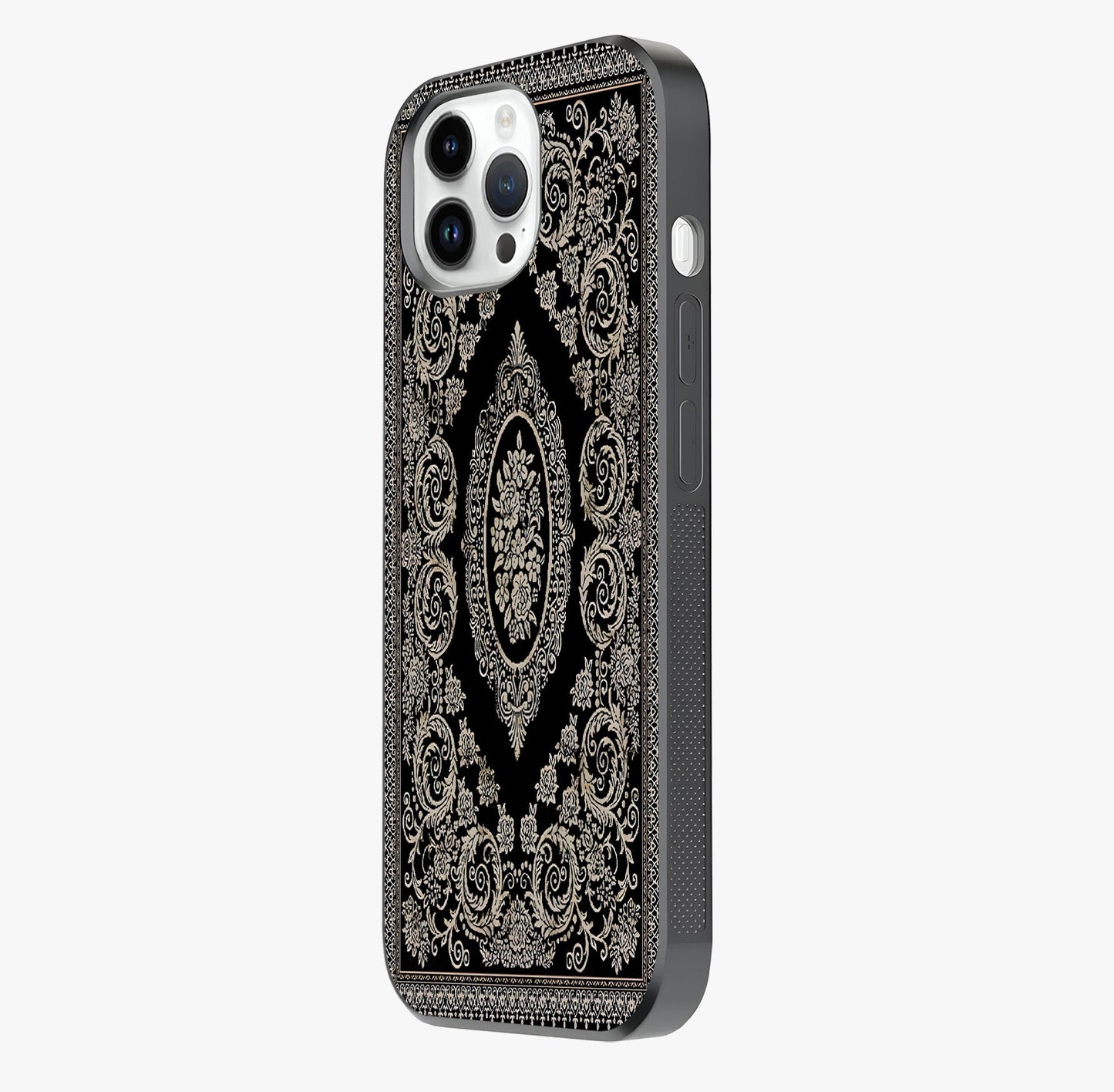 Noir Bloom Elegance Glass Case photographed in natural light showing reflective finish and design depth.