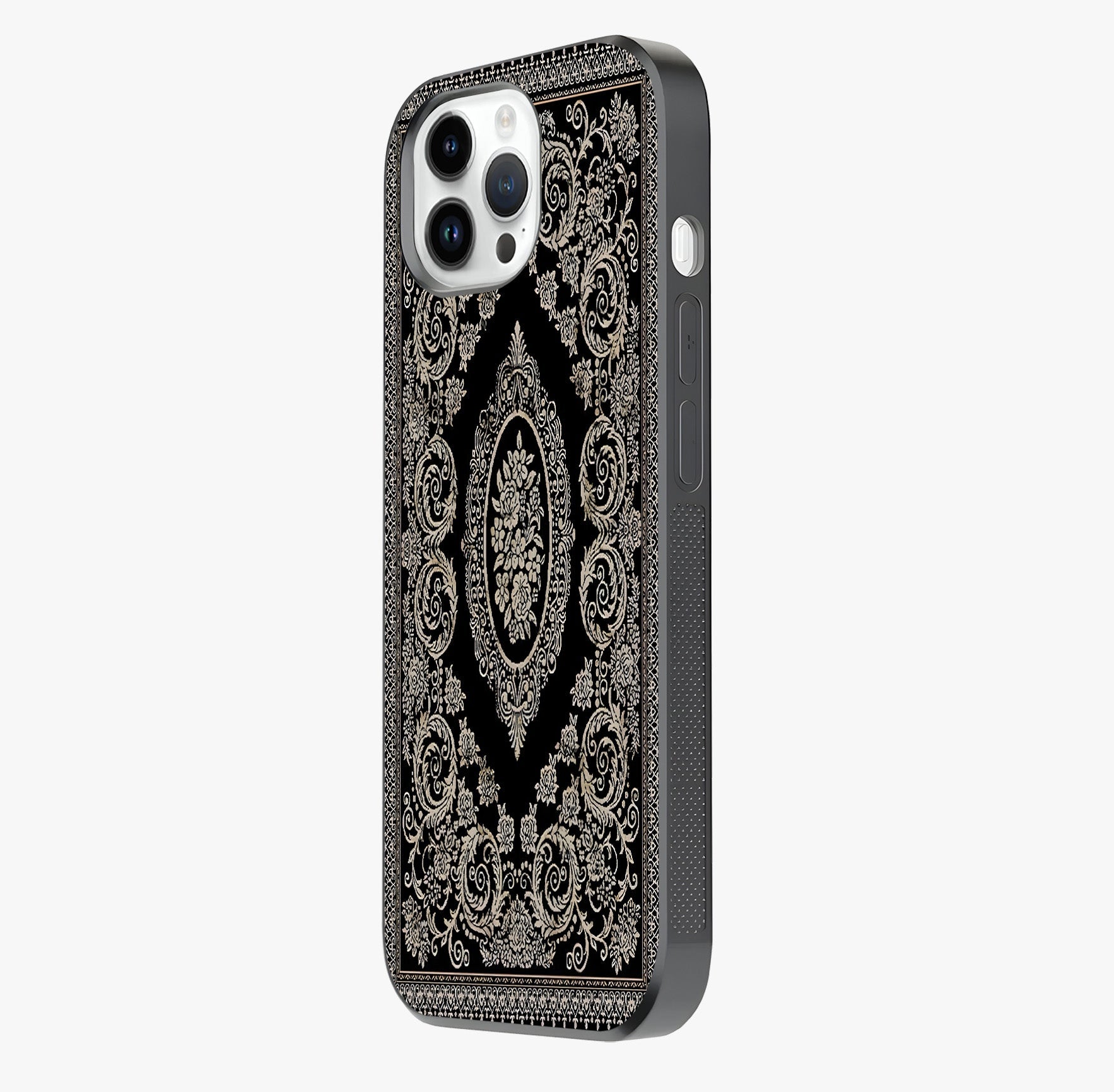 Noir Bloom Elegance Glass Case photographed in natural light showing reflective finish and design depth.