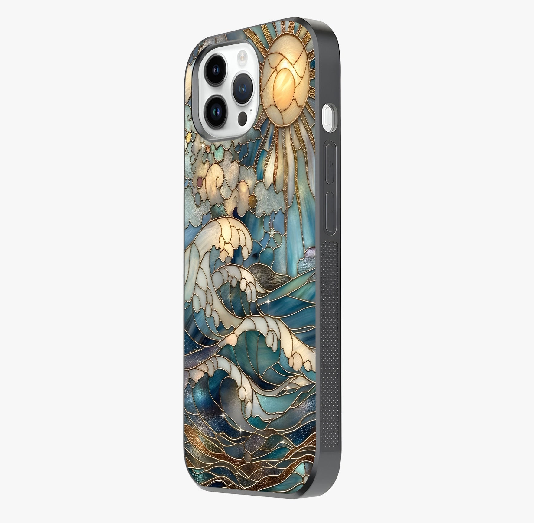 Oceanic Stained Printed Glass Case photographed in natural light showing reflective finish and design depth.