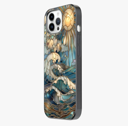 Oceanic Stained Printed Glass Case photographed in natural light showing reflective finish and design depth.