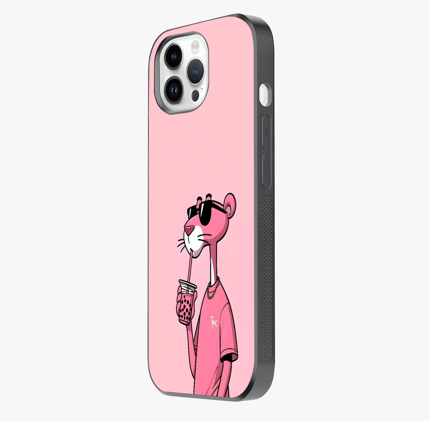 Pink Panther Glass Case photographed in natural light showing reflective finish and design depth.