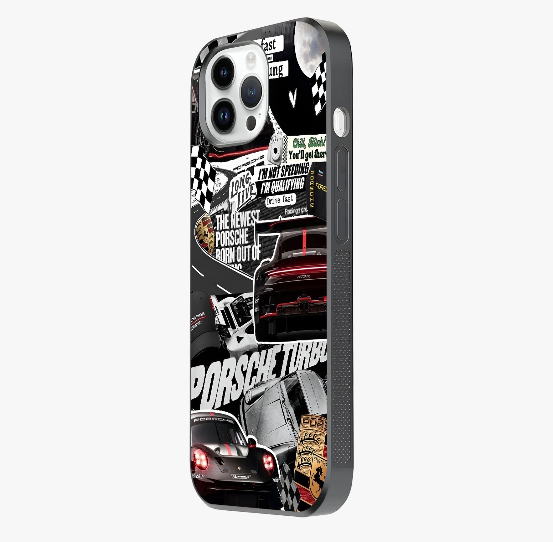 Porsche Racing Collage Glass Case photographed in natural light showing reflective finish and design depth.