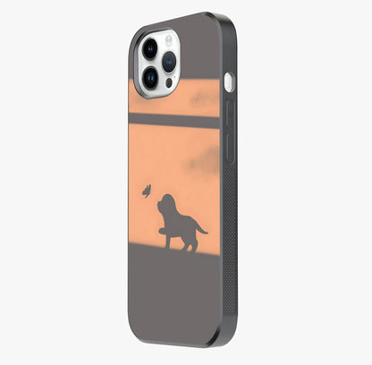 Puppy Shadow Art Glass Case photographed in natural light showing reflective finish and design depth.