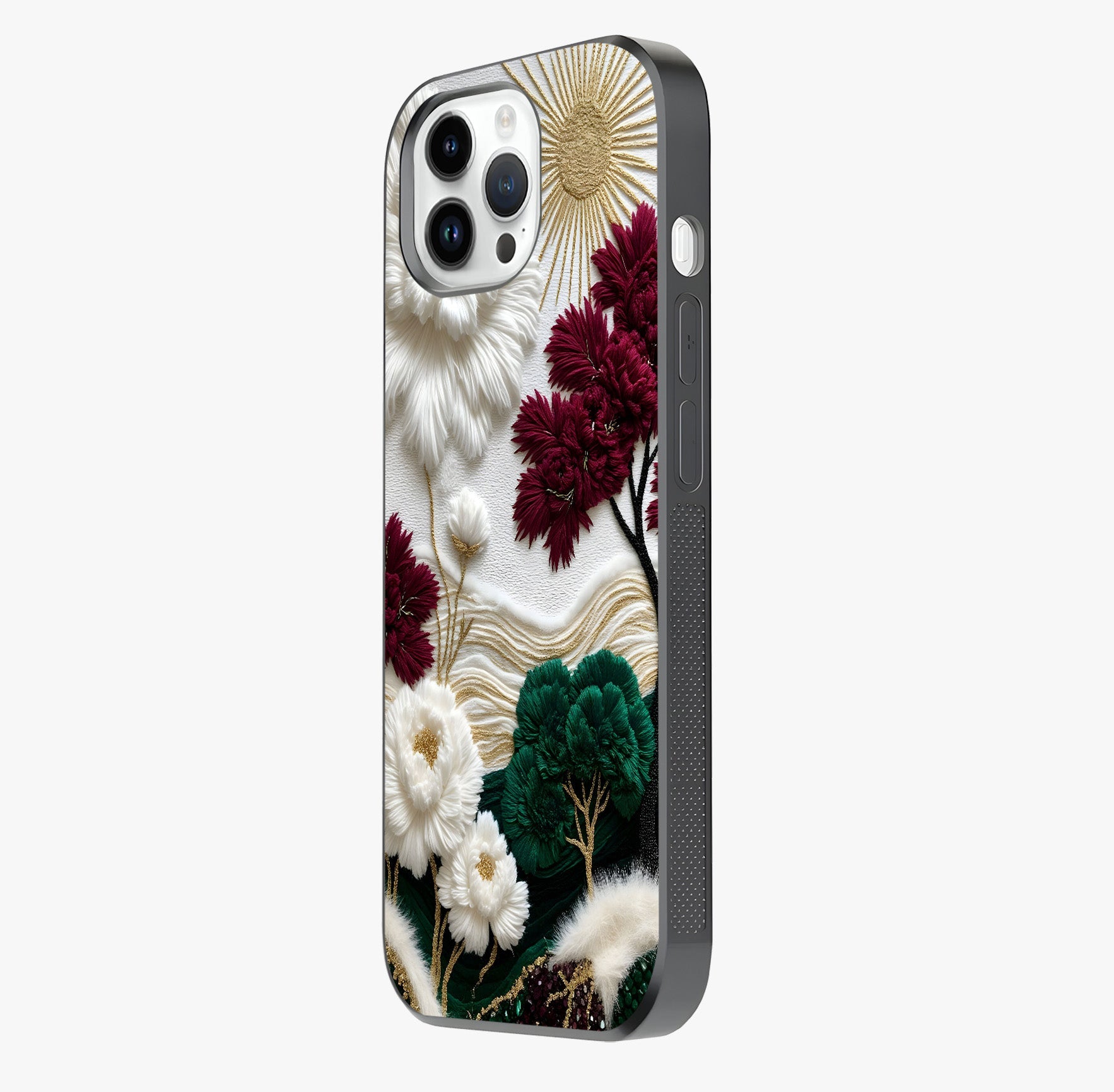 Radiant Bloom Elegance Glass Case photographed in natural light showing reflective finish and design depth.