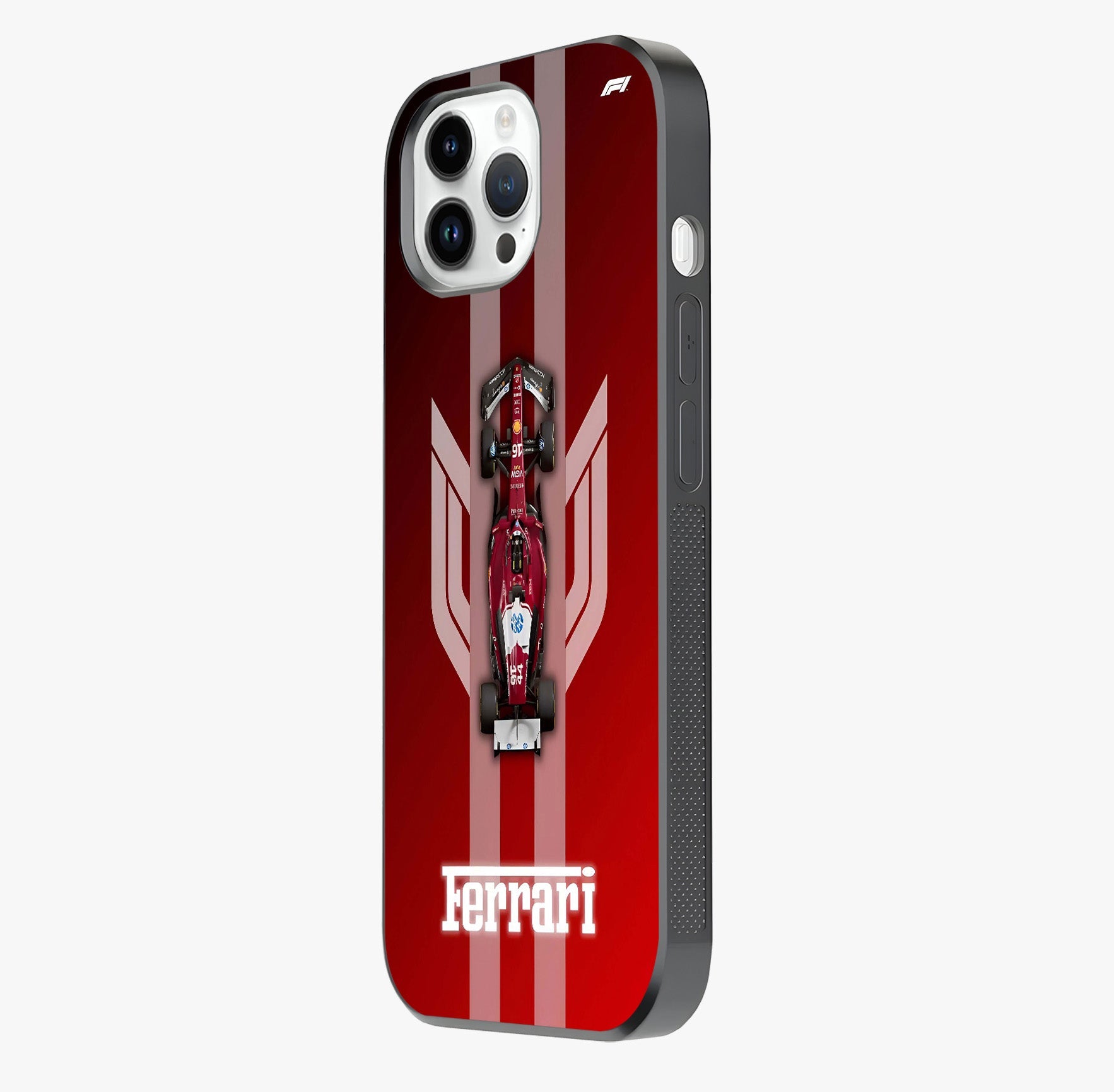 Red Ferrari F1 Vertical Glass Case photographed in natural light showing reflective finish and design depth.