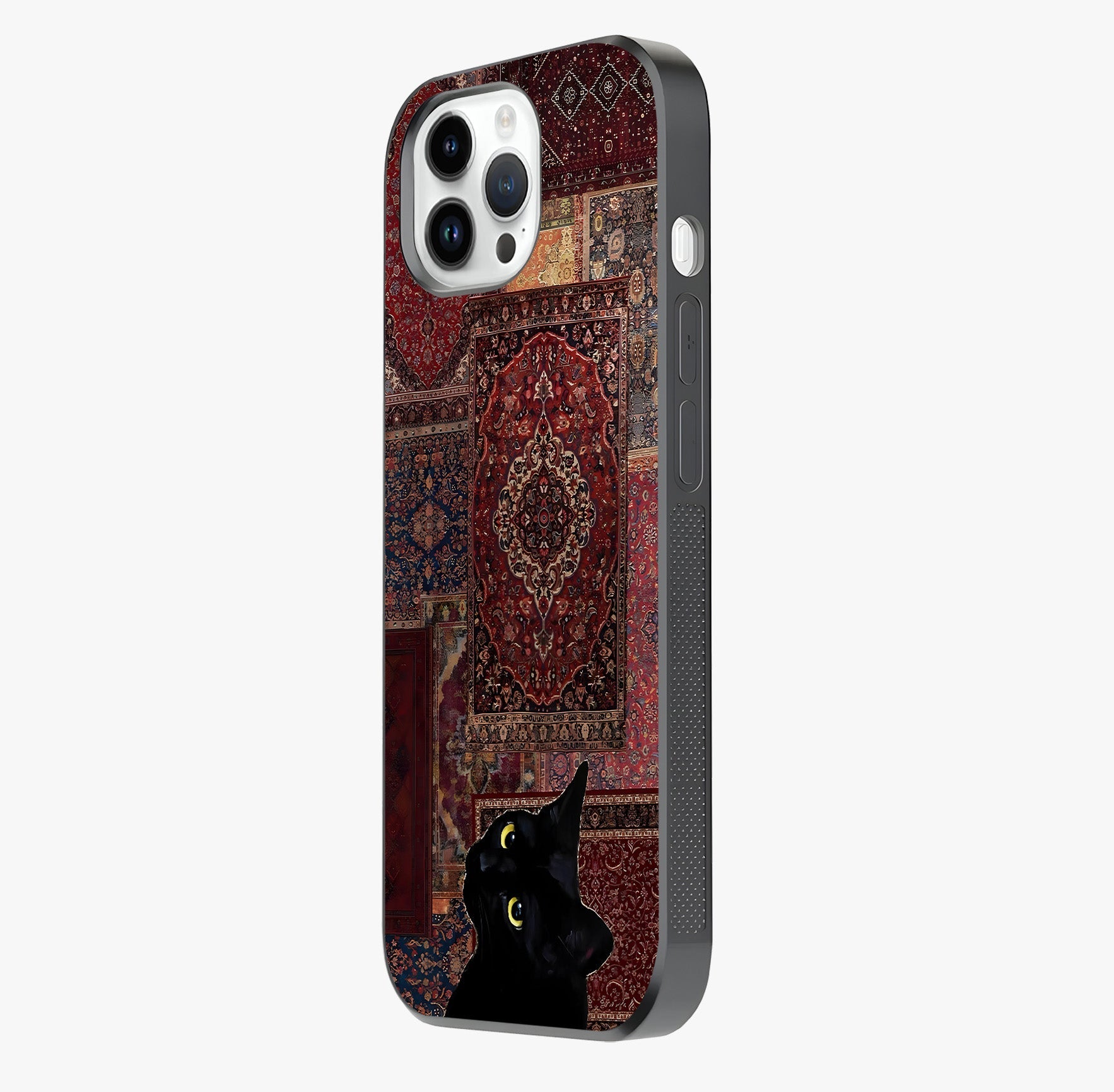 Regal Magic Cat Apple Glass Case photographed in natural light showing reflective finish and design depth.