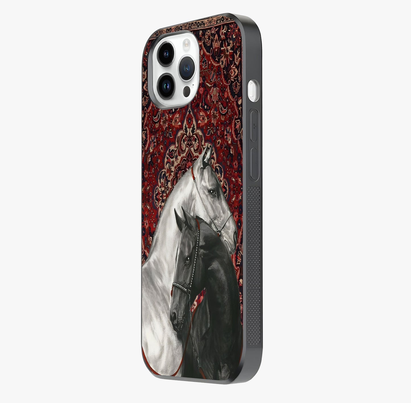 Regal Stallion Tapestry Glass Case photographed in natural light showing reflective finish and design depth.