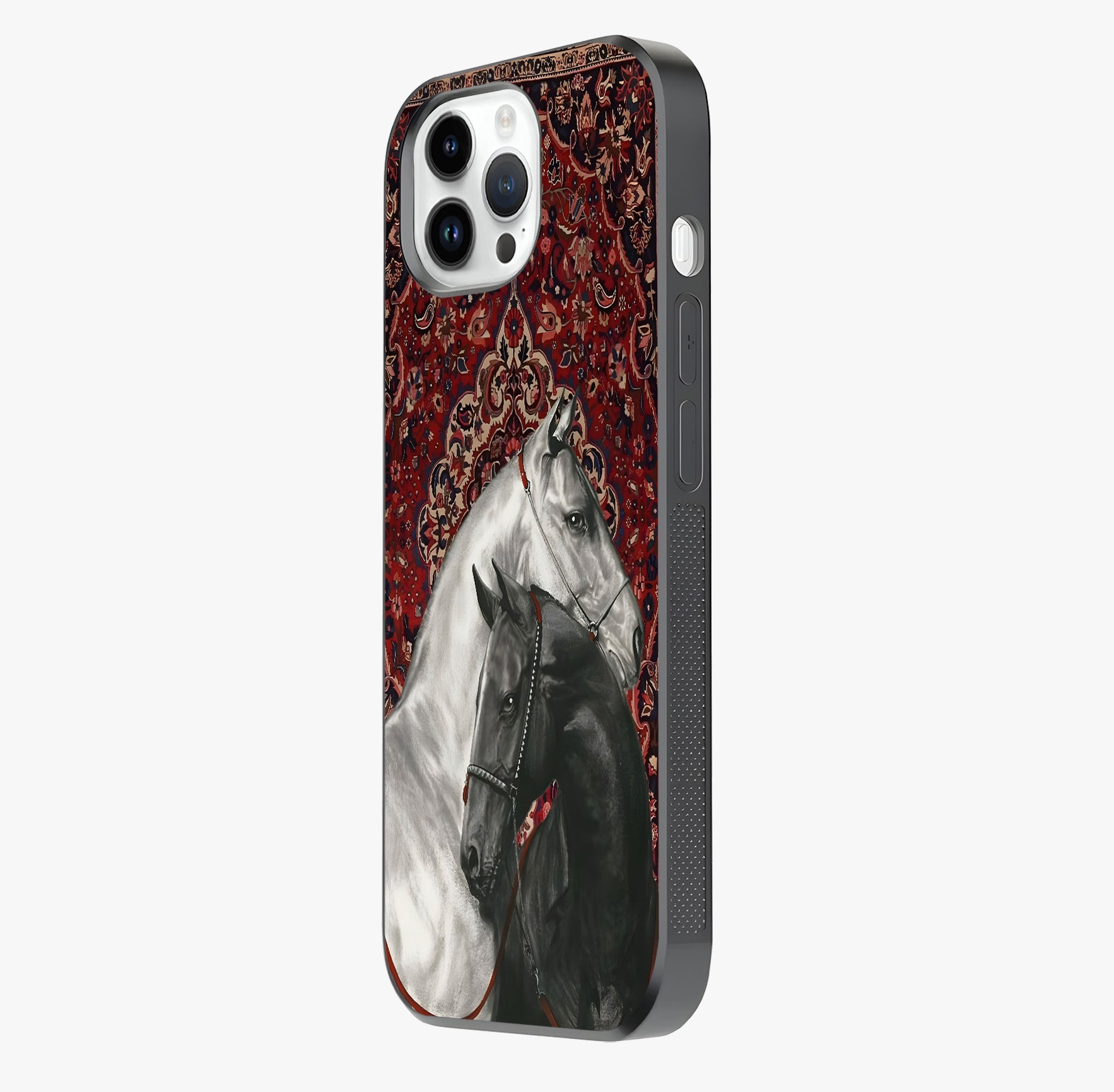 Regal Stallion Tapestry Glass Case photographed in natural light showing reflective finish and design depth.