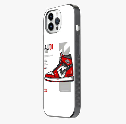 Retro Sneaker Blueprint Glass Case photographed in natural light showing reflective finish and design depth.