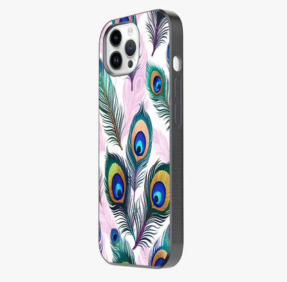 Royal Peacock Feathers Glass Case photographed in natural light showing reflective finish and design depth.
