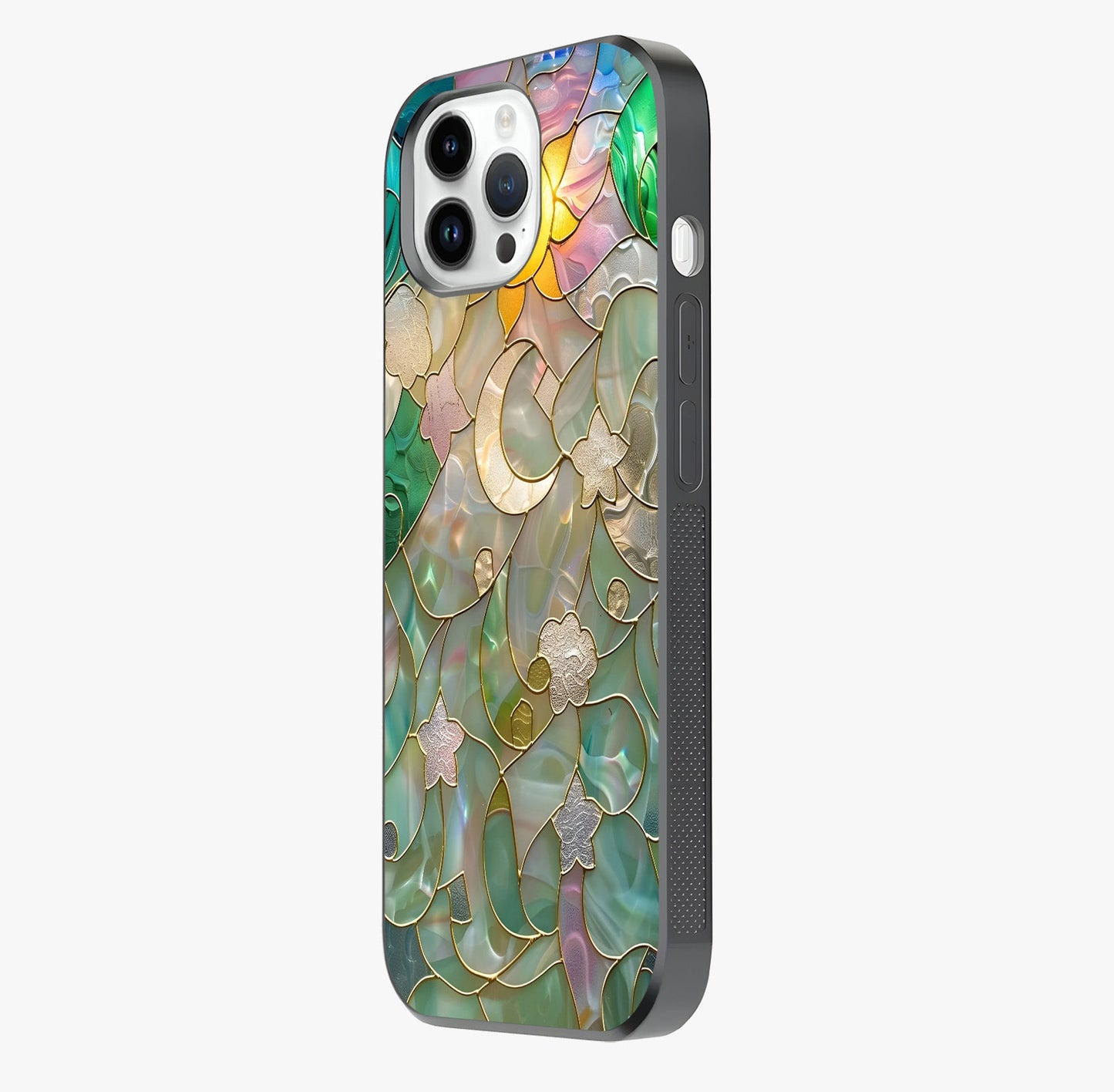 Stained Sunrise Glow Glass Case photographed in natural light showing reflective finish and design depth.