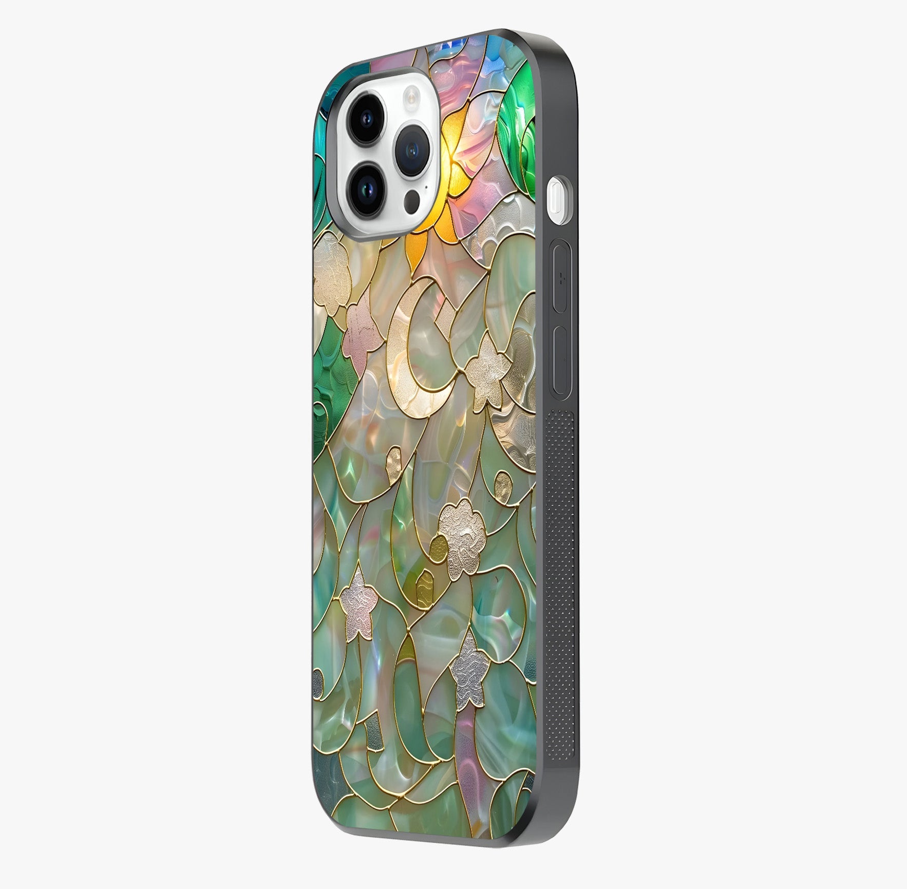 Stained Sunrise Glow Glass Case photographed in natural light showing reflective finish and design depth.