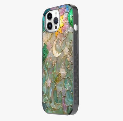 Stained Sunrise Glow Glass Case photographed in natural light showing reflective finish and design depth.