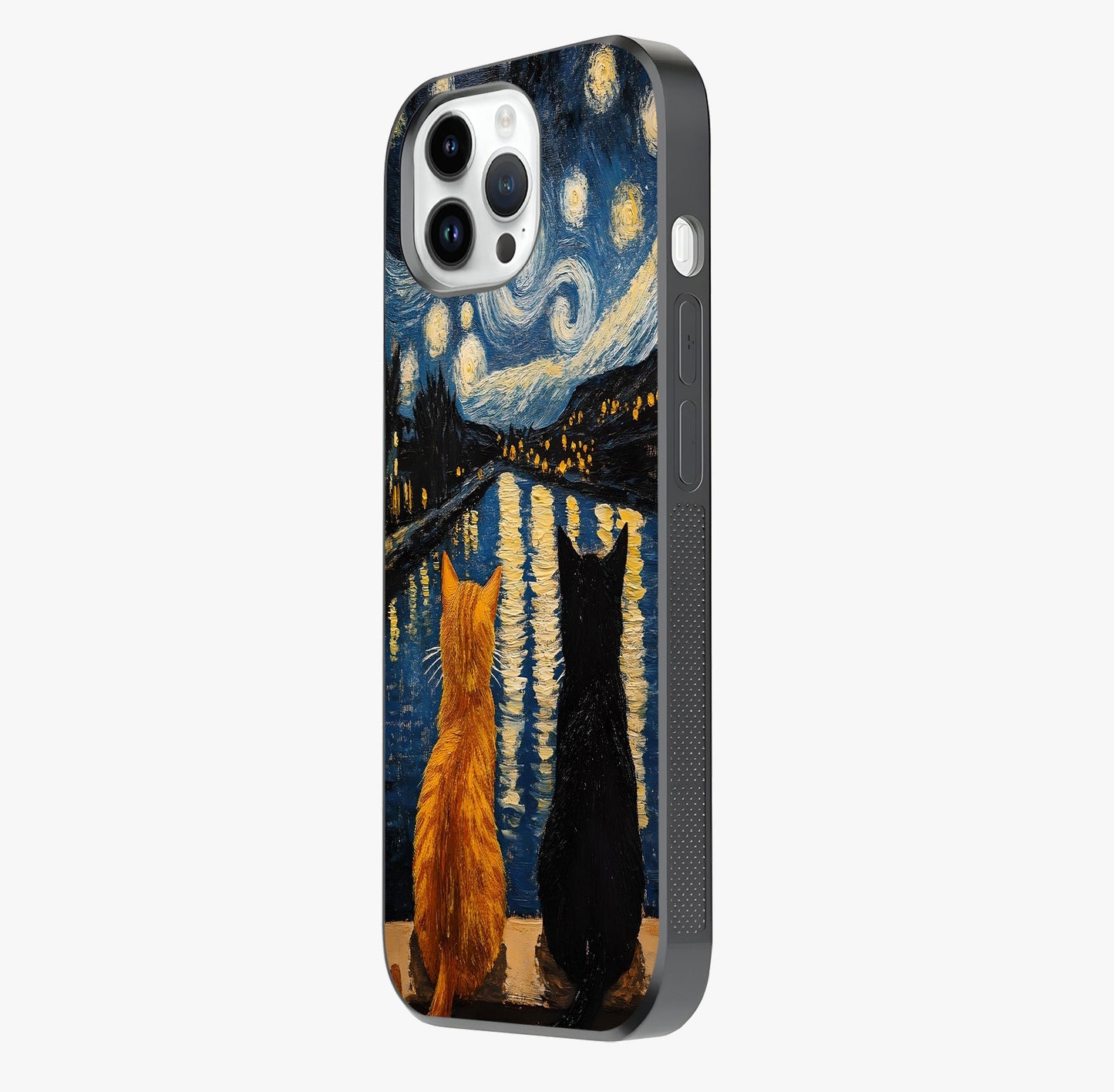 Starry River Cats Glass Case photographed in natural light showing reflective finish and design depth.
