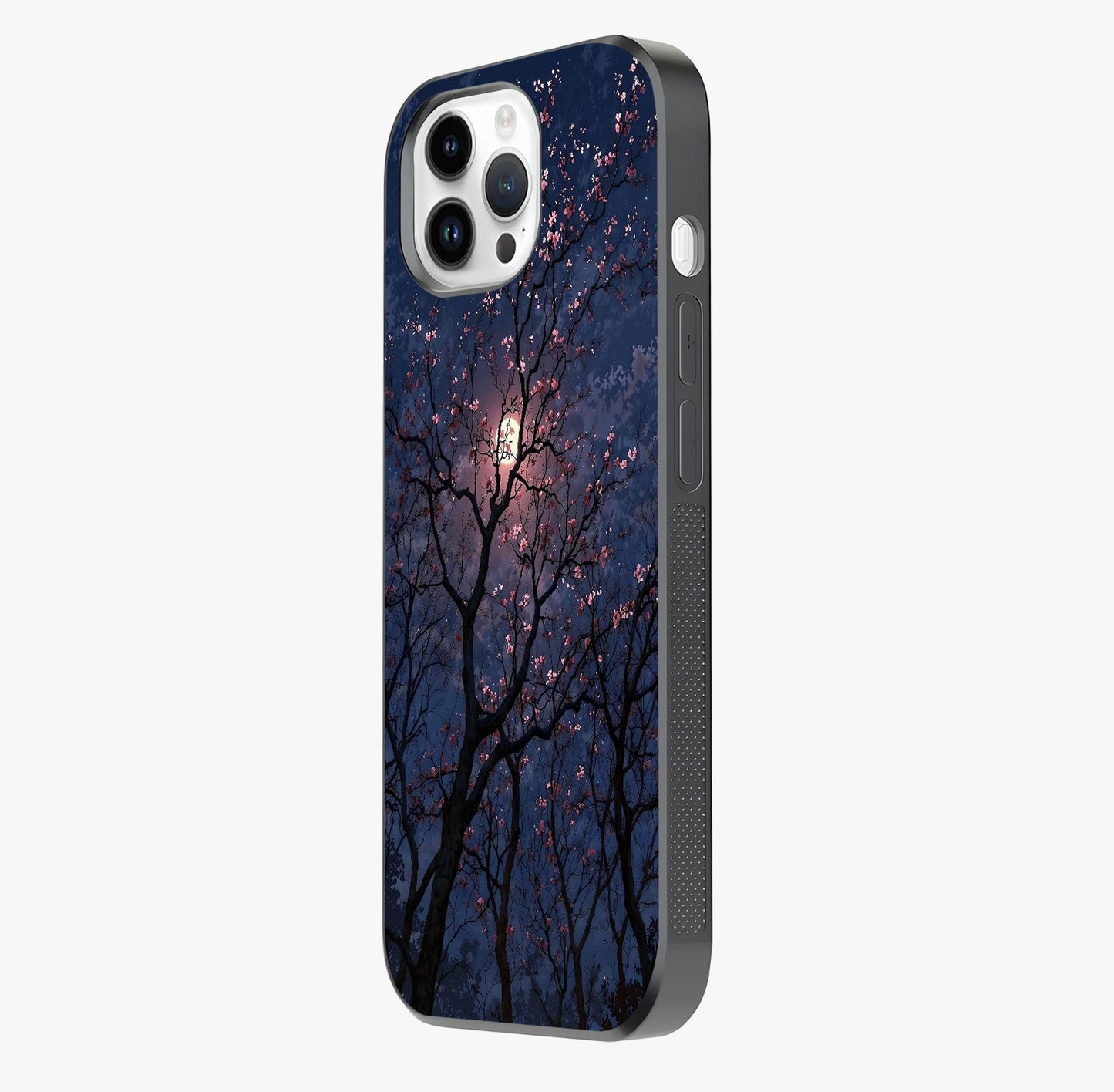 Twilight Sakura Serenade Glass Case photographed in natural light showing reflective finish and design depth.