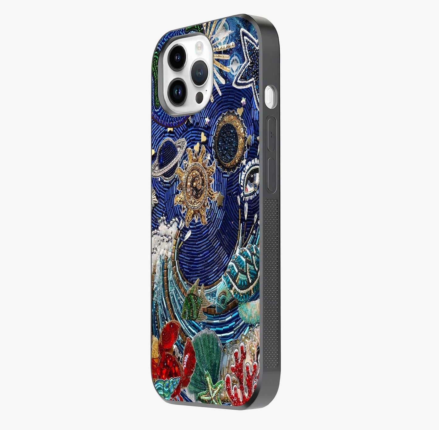 Universe Underwater Spark Glass Case photographed in natural light showing reflective finish and design depth.
